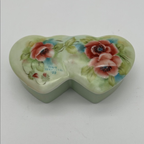 Handmade Other - Vintage Hand-Painted Porcelain Rose Heart Trinket Box Signed Doris Strauser 1988